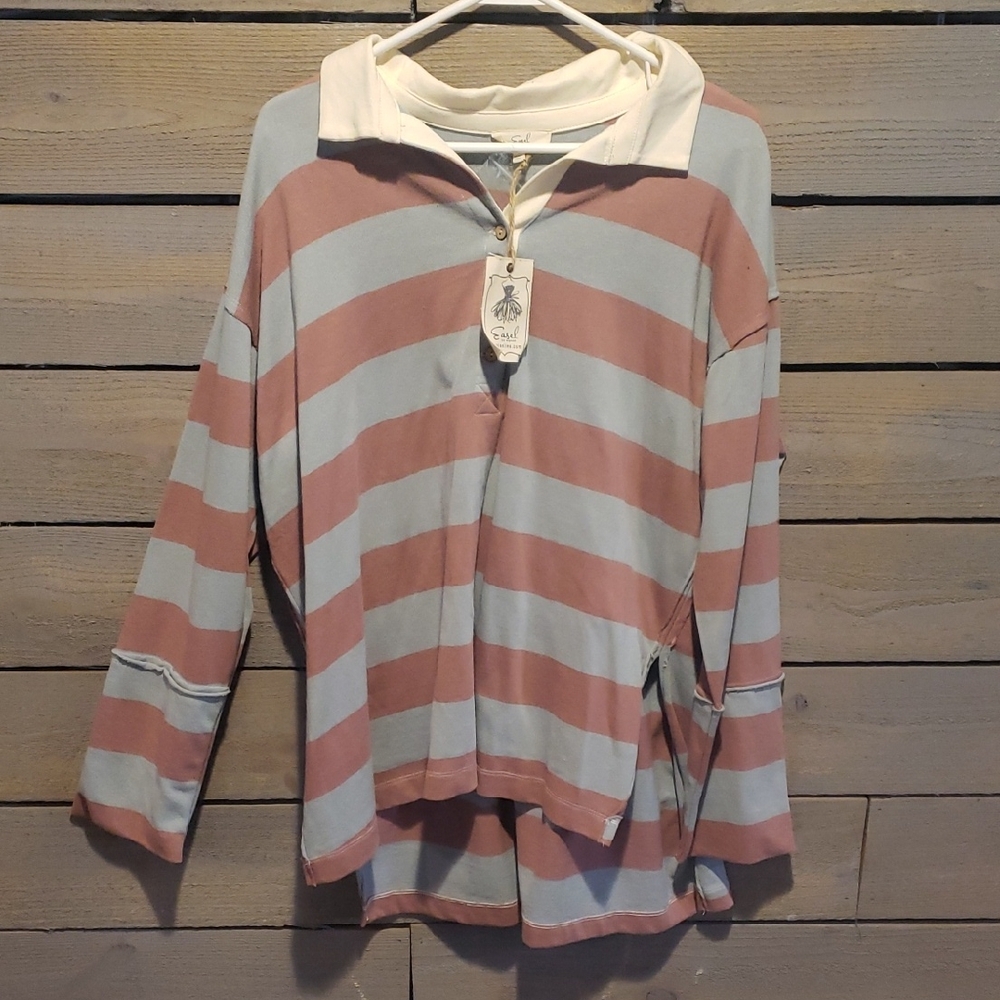 Easel Striped Pink and Gray Long Sleeve Shirt